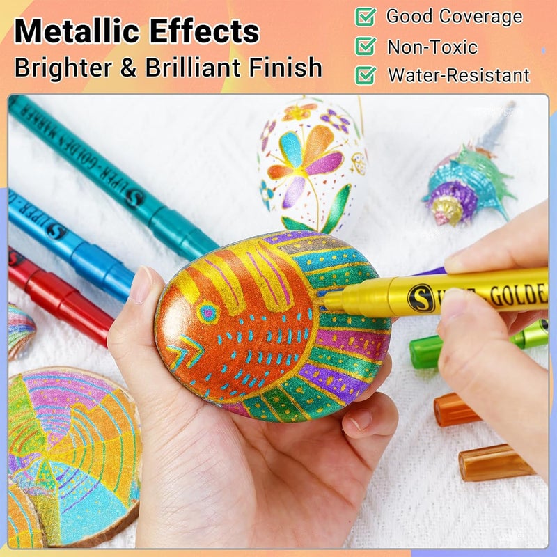SAKEYR Super Golden Metallic Paint Markers, 12 Colors Sparkle Metallic Glitter Markers, 0.7mm Extra Fine Point Acrylic Paint Pens for Rock Painting, Glass, Wood, Black Paper, Scrapbook, DIY Art Crafts - Image 2